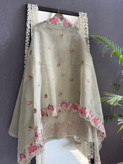 Luxurious Mul chanderi appliqué work floral suit