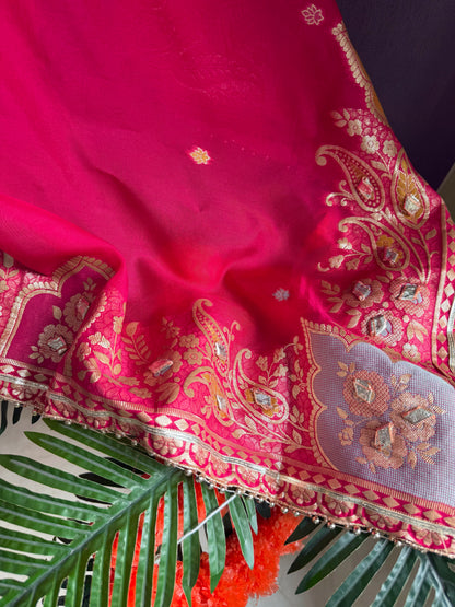 Tissue zari Aari work Meenakari suit