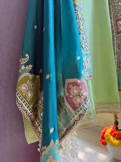 Tissue zari Aari work Meenakari suit