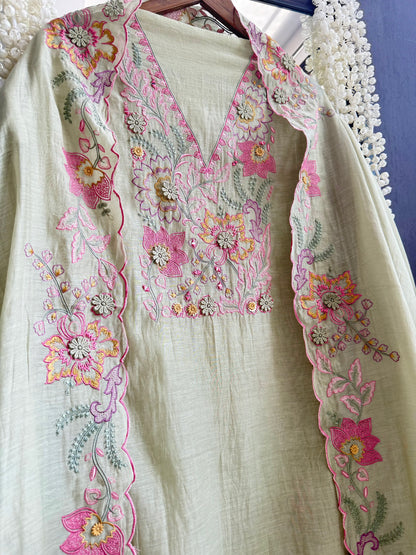 Luxurious Mul chanderi threadwork 3d floral suit