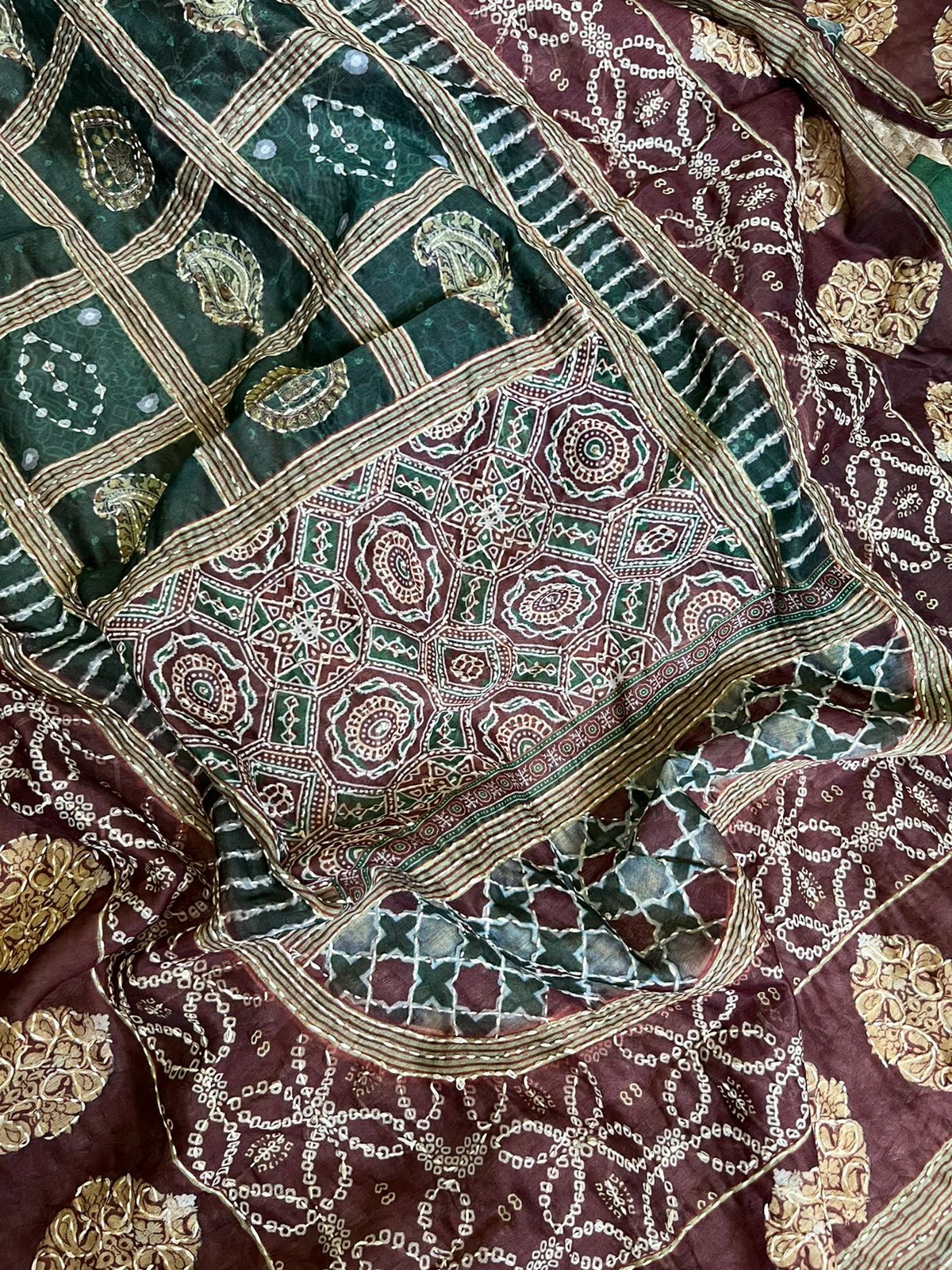 Maheshwari Kantha work Ajrakh Unstitched suit