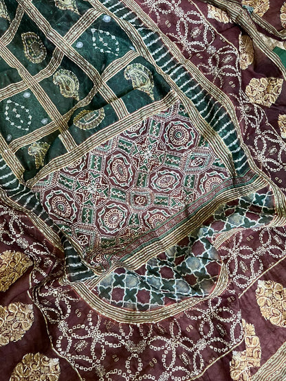Maheshwari Kantha work Ajrakh Unstitched suit