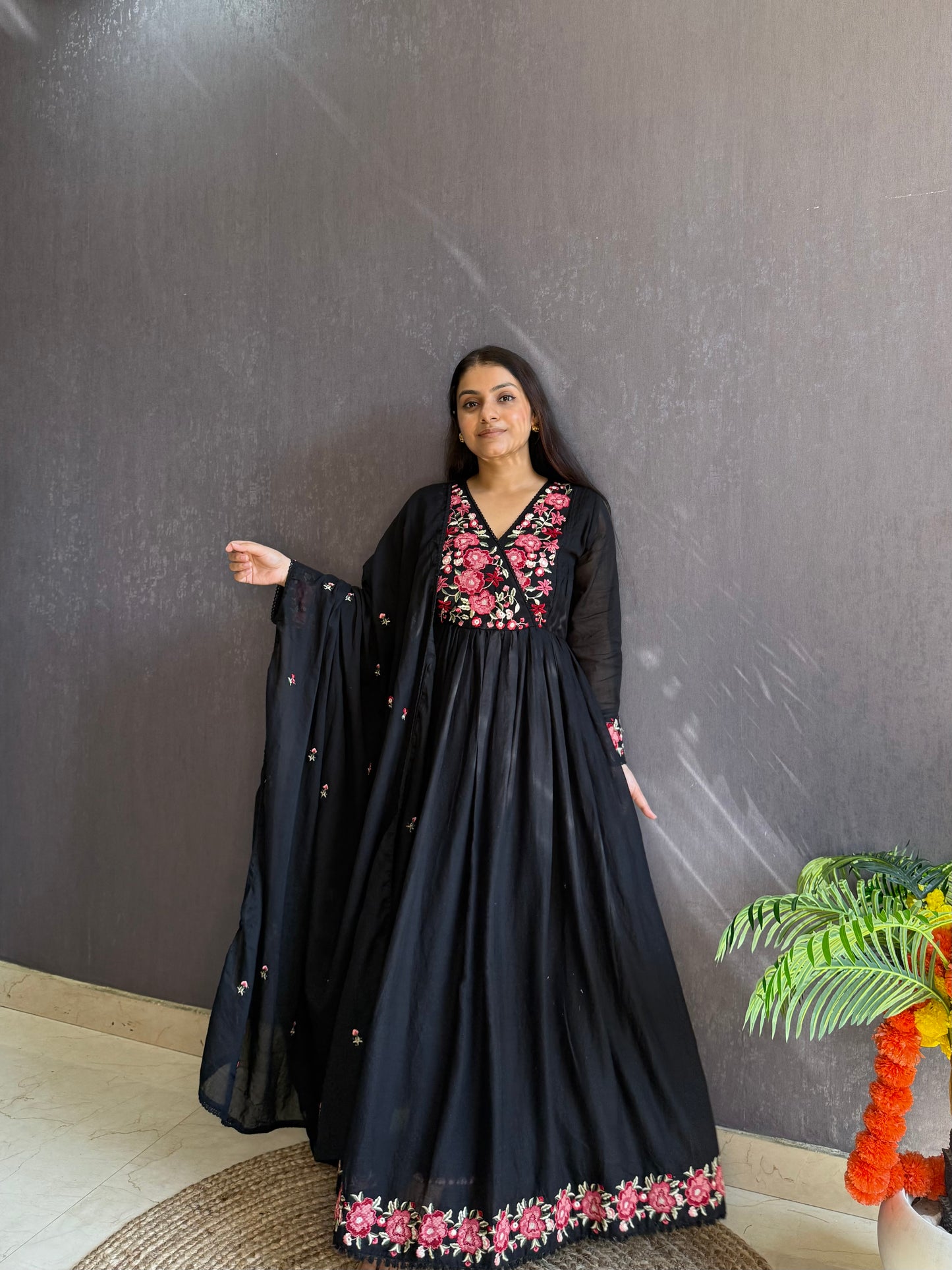 Mal cotton roses embroidered Anarkali