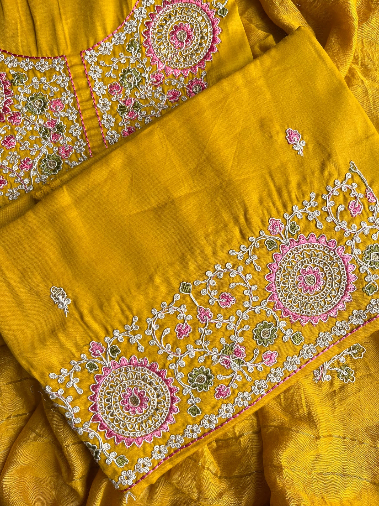 Satin Aari work unstitched suits