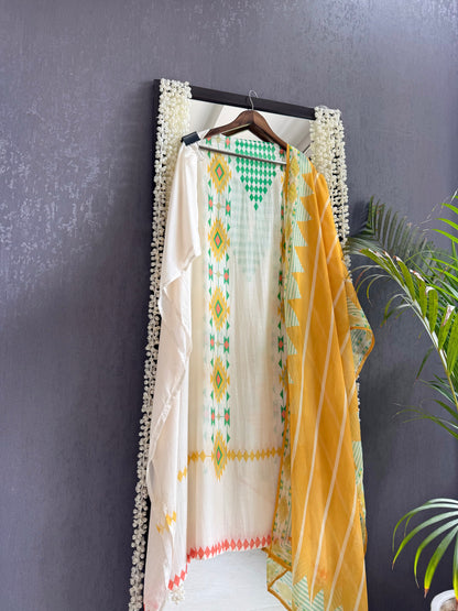Muslin ikkat inspired handwork suits