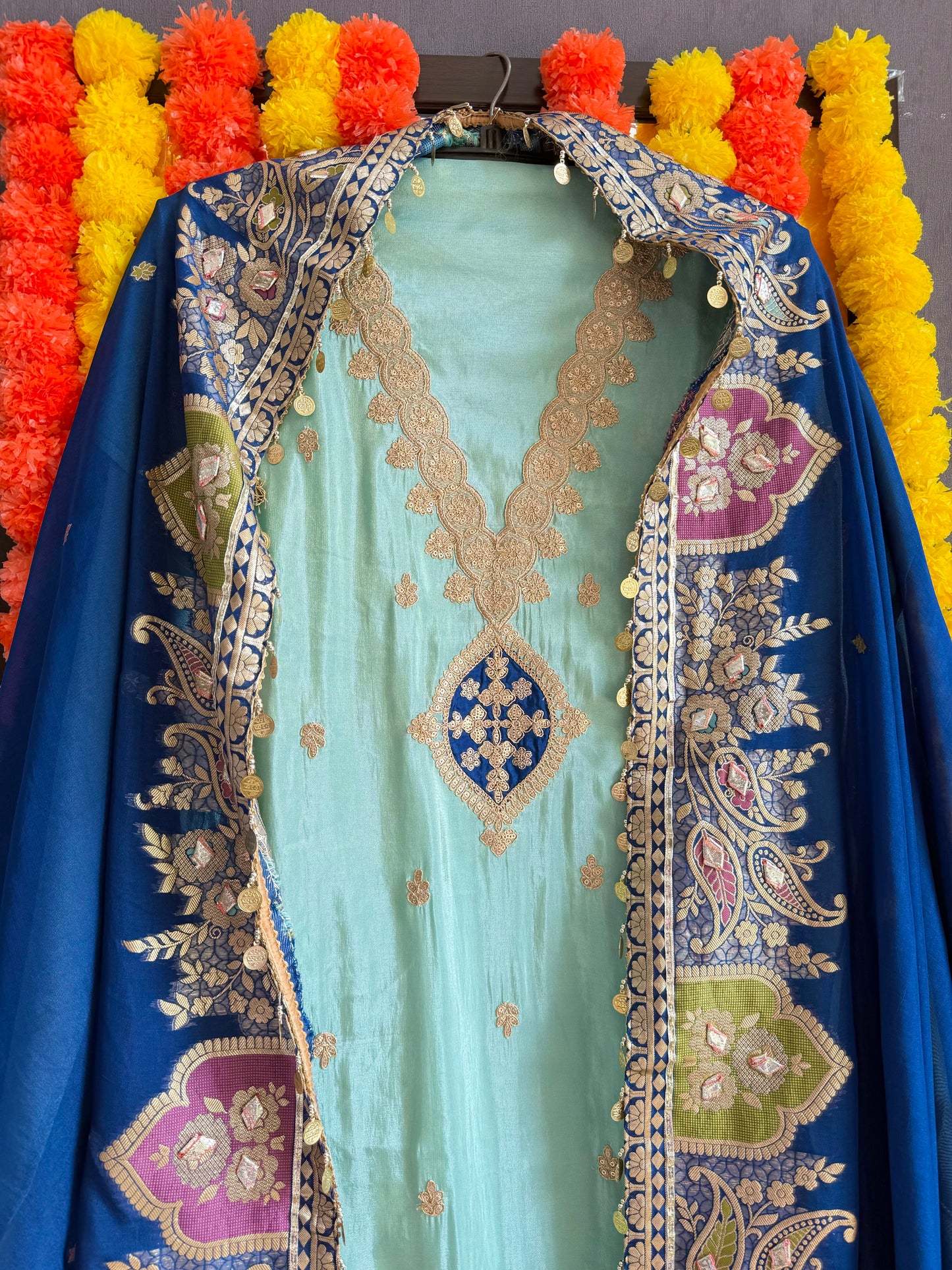 Tissue silk Aari work Meenakari suit