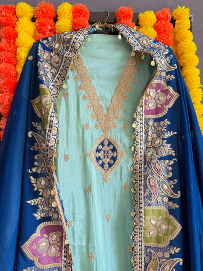 Tissue silk Aari work Meenakari suit