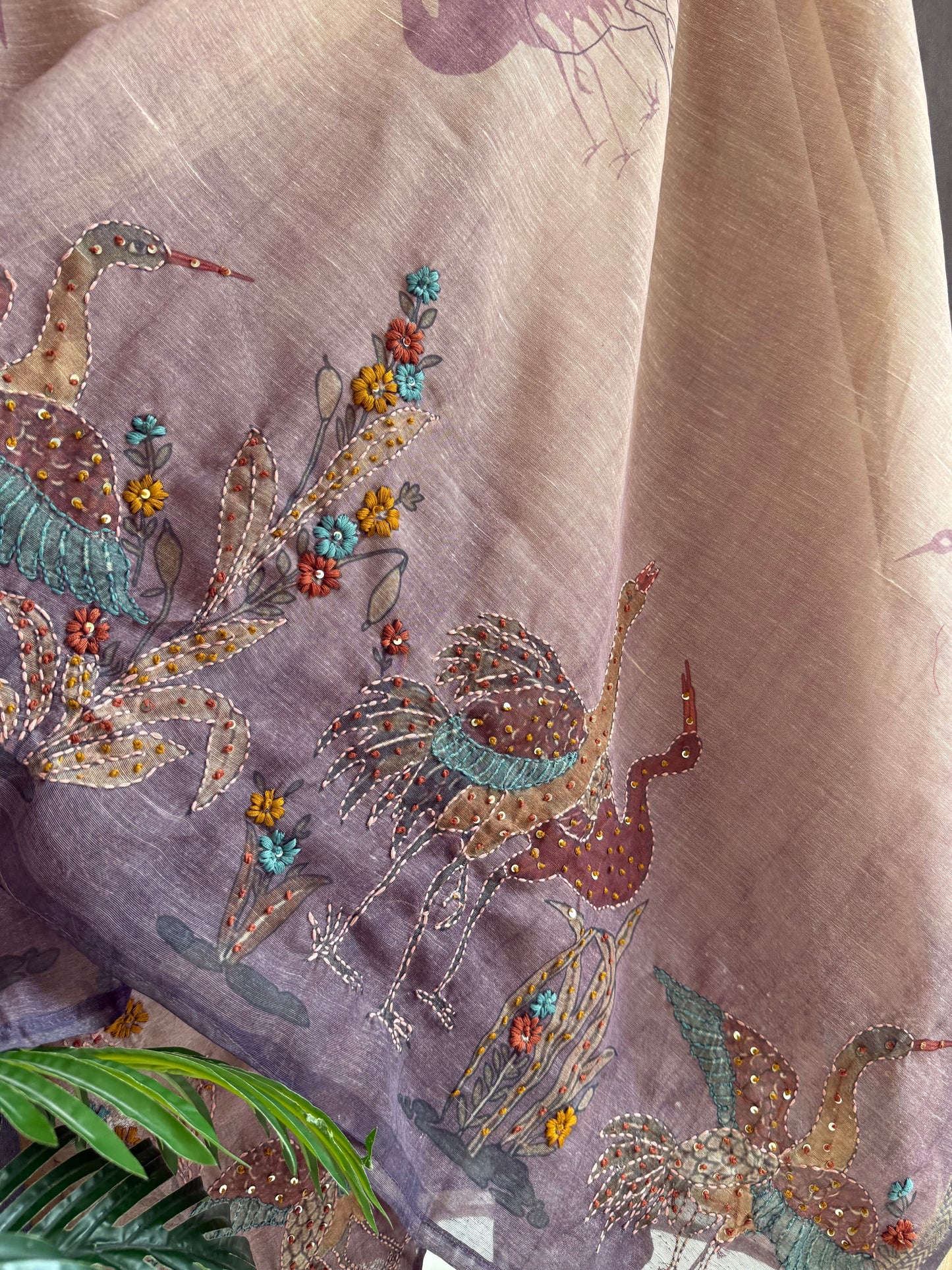 Pure linen birds frenchknot kantha work suit