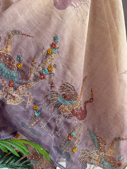 Pure linen birds frenchknot kantha work suit
