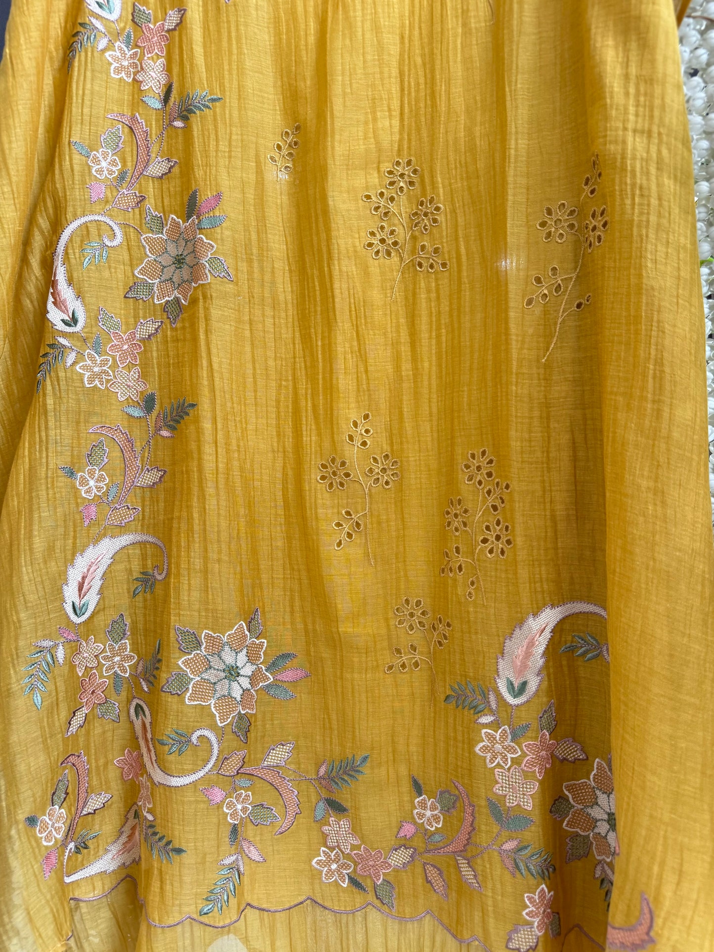 Luxurious Mul chanderi threadwork schiffili suit