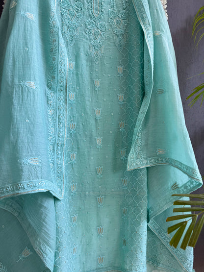 Luxurious Mul chanderi lucknowi lotus and hearts suit