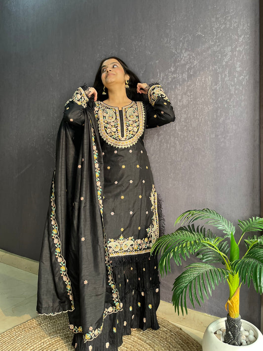 Silk embroidered shrara suit