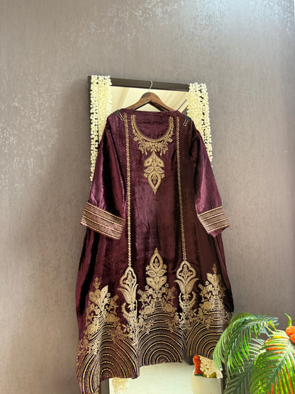 Velvet Marori Aari work Anarkali suit