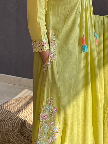 Premium mul cotton embroidered handwork Aline suit