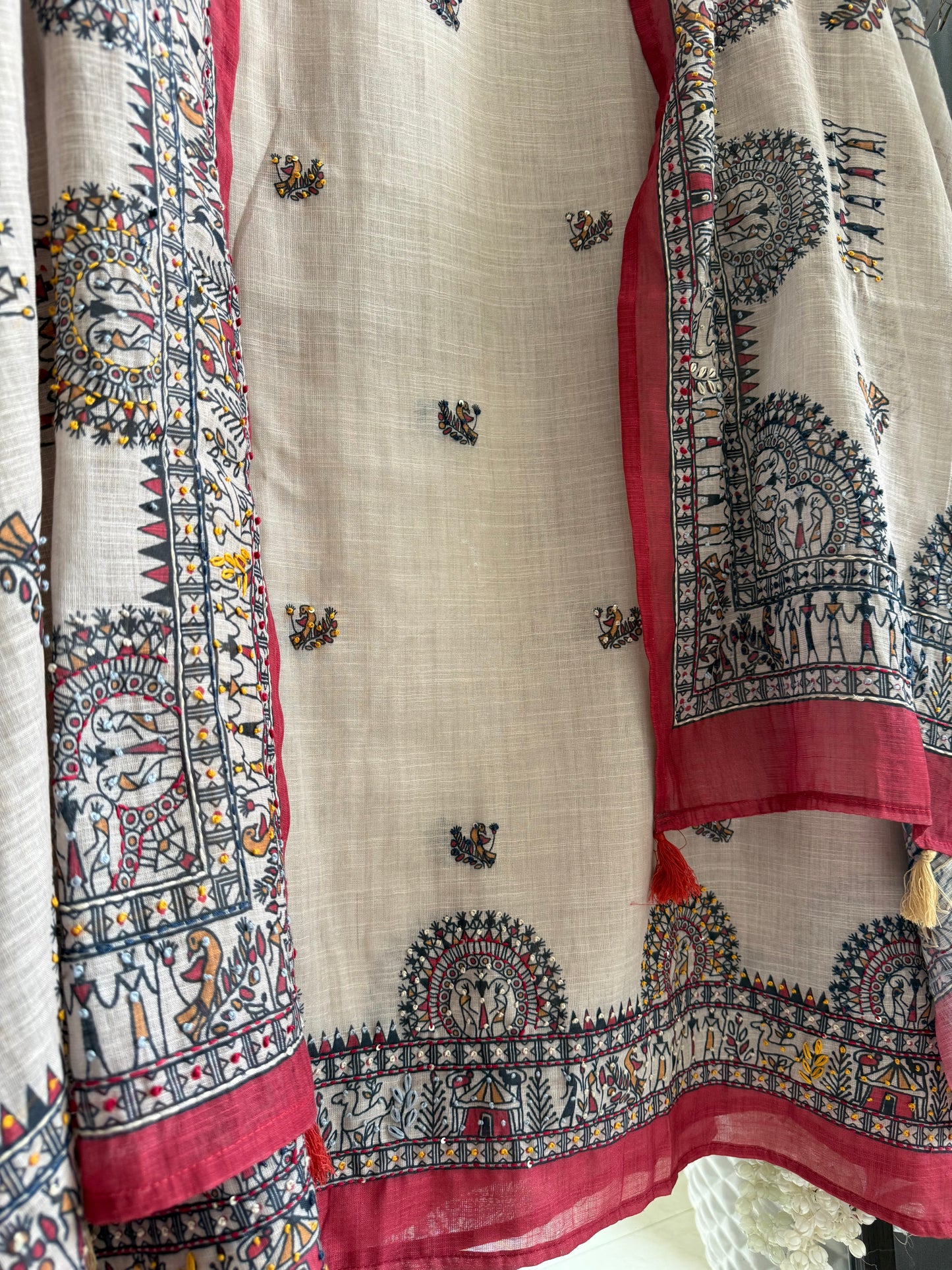 Linen worli art  Kantha work suit