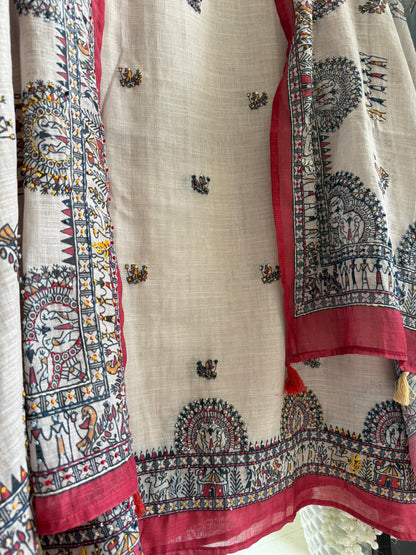 Linen worli art  Kantha work suit