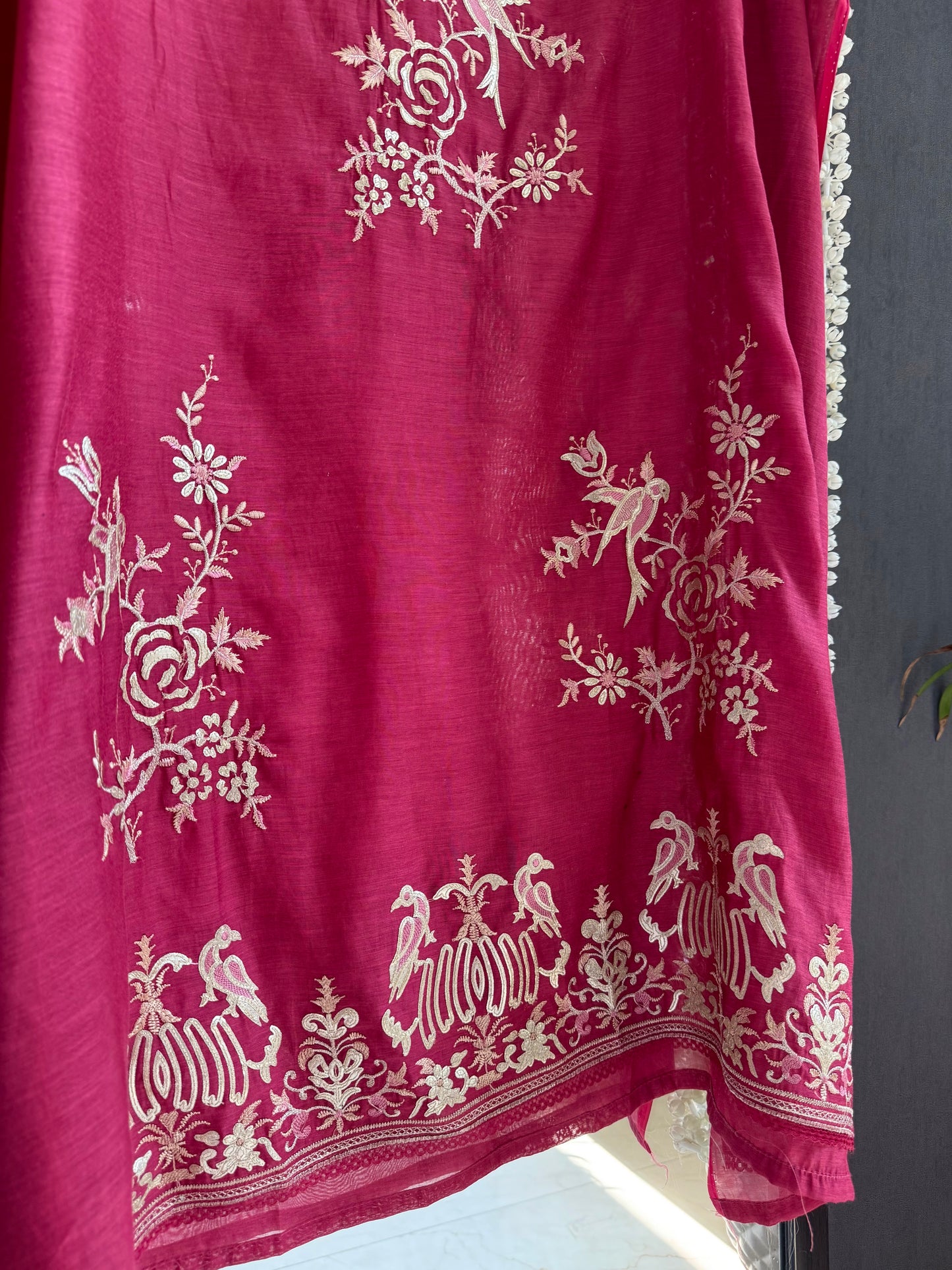 Luxurious Mul chanderi gota appliqué birds roses suit