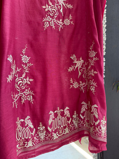 Luxurious Mul chanderi gota appliqué birds roses suit