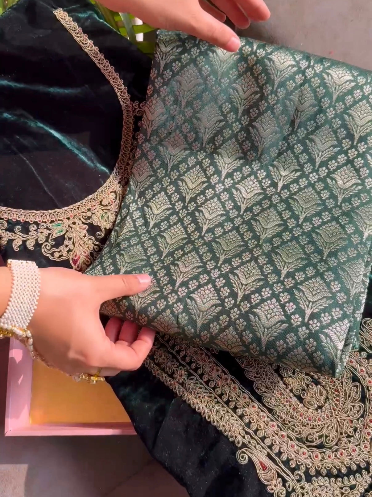 Velvet brocade marori aari work suit