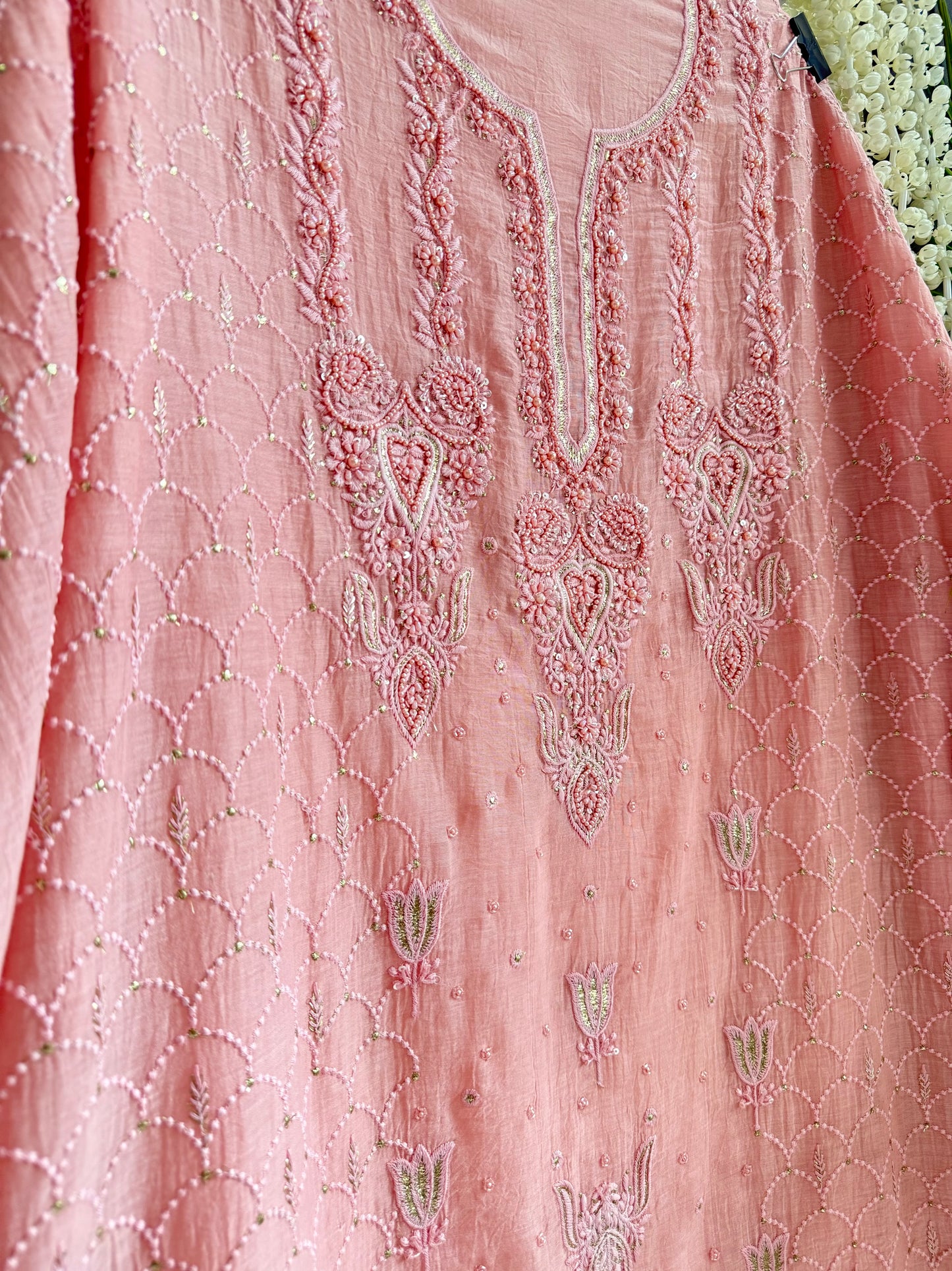 Luxurious Mul chanderi lucknowi tulip and hearts suit