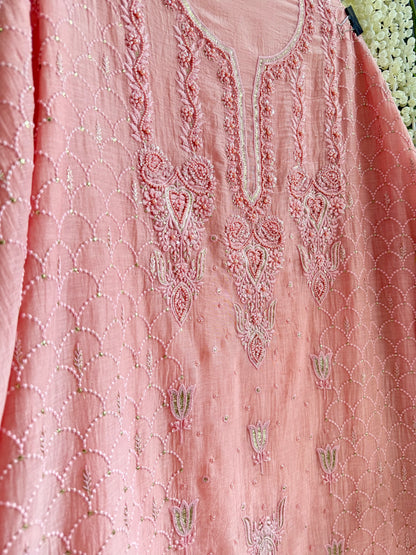 Luxurious Mul chanderi lucknowi tulip and hearts suit